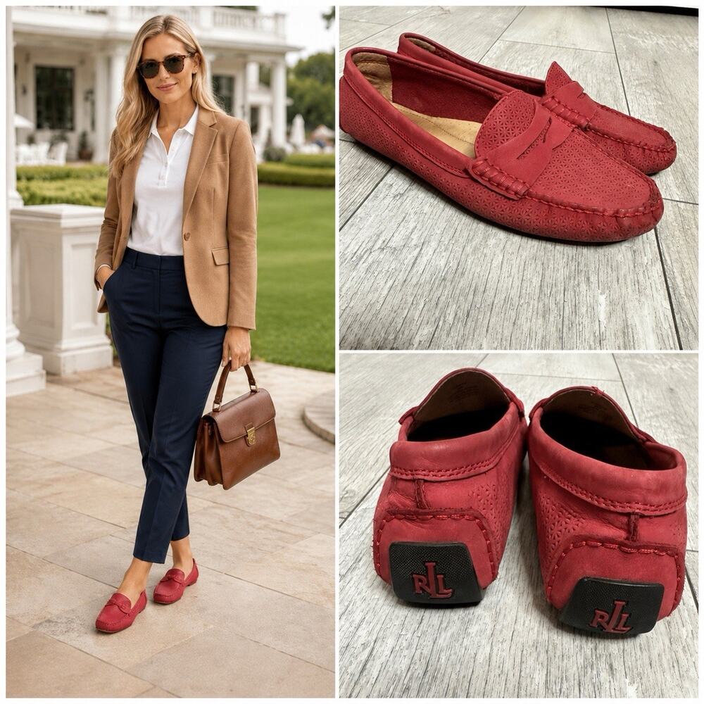 Lauren Ralph Lauren Camila Driver Moccasins Red Leather Preppy Old Money Wmn 9B